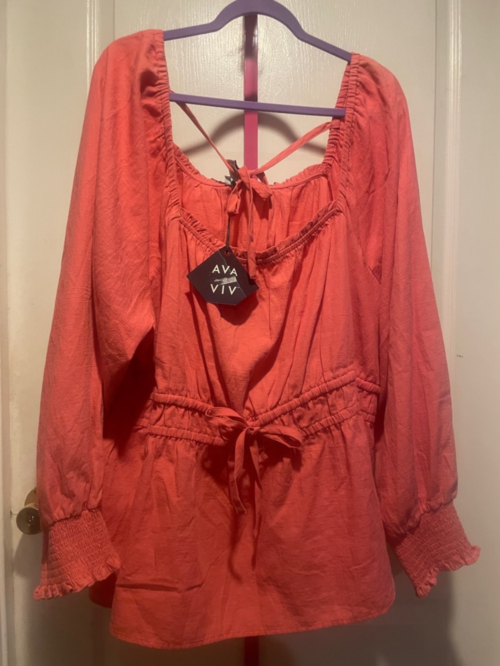Ava & Viv Coral Peasant Tunic with Waist Tie